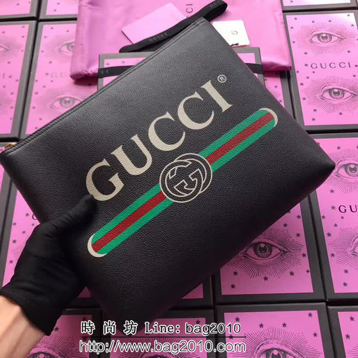 GUCCI古馳 歐洲正品原單 2018早春新款 絲印標緻手包 500981 黑色全皮 WTG1581